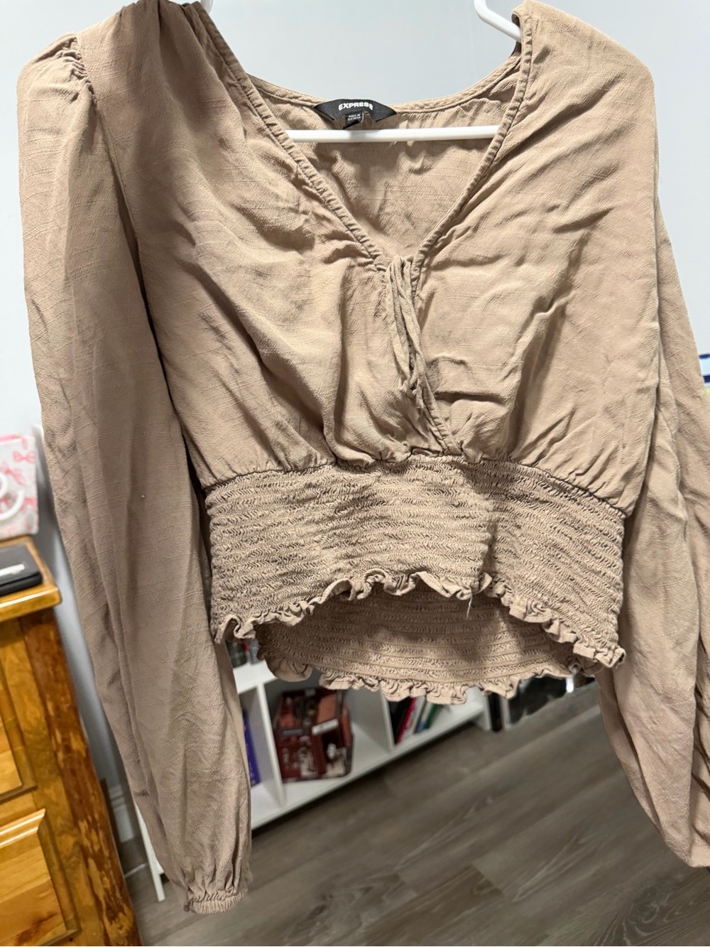 Express Taupe Smocked-Waist V-Neck Crop Top